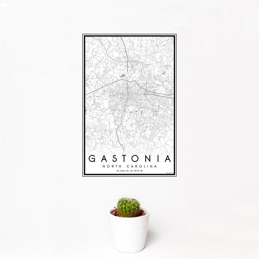 12x18 Gastonia North Carolina Map Print Portrait Orientation in Classic Style With Small Cactus Plant in White Planter