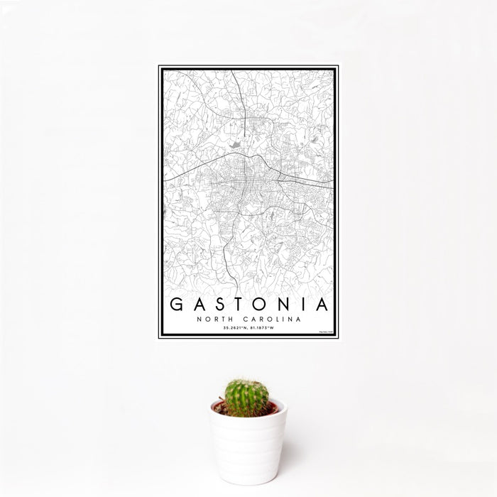12x18 Gastonia North Carolina Map Print Portrait Orientation in Classic Style With Small Cactus Plant in White Planter