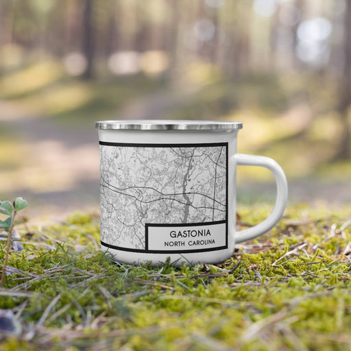 Right View Custom Gastonia North Carolina Map Enamel Mug in Classic on Grass With Trees in Background