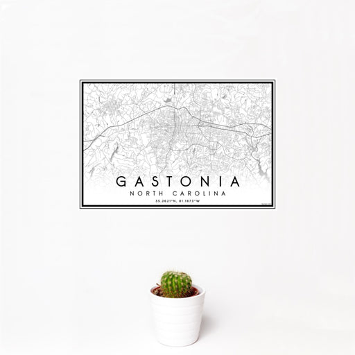 12x18 Gastonia North Carolina Map Print Landscape Orientation in Classic Style With Small Cactus Plant in White Planter