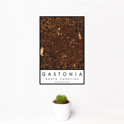 12x18 Gastonia North Carolina Map Print Portrait Orientation in Ember Style With Small Cactus Plant in White Planter