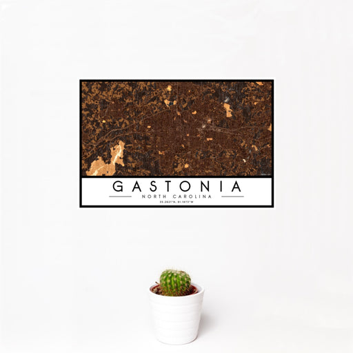 12x18 Gastonia North Carolina Map Print Landscape Orientation in Ember Style With Small Cactus Plant in White Planter