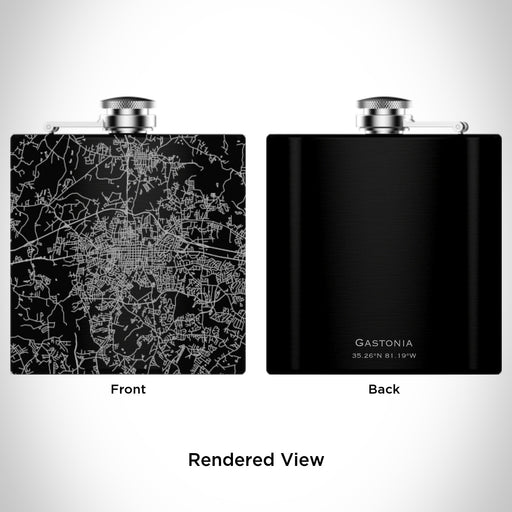 Rendered View of Gastonia North Carolina Map Engraving on 6oz Stainless Steel Flask in Black