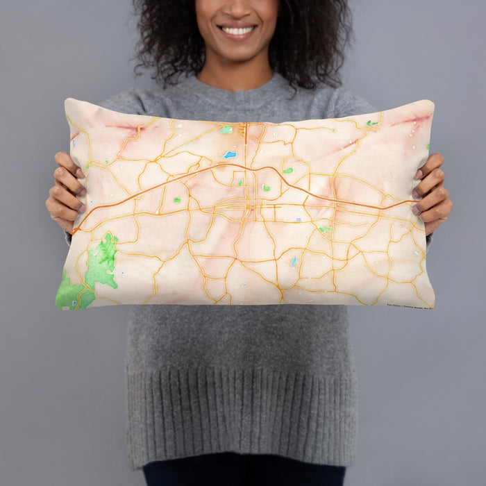 Person holding 20x12 Custom Gastonia North Carolina Map Throw Pillow in Watercolor
