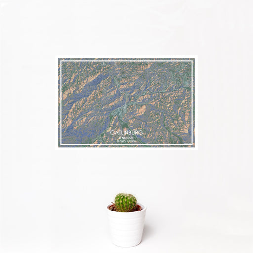 12x18 Gatlinburg Tennessee Map Print Landscape Orientation in Afternoon Style With Small Cactus Plant in White Planter