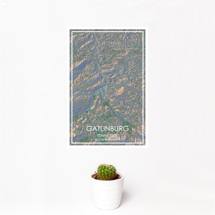 12x18 Gatlinburg Tennessee Map Print Portrait Orientation in Afternoon Style With Small Cactus Plant in White Planter