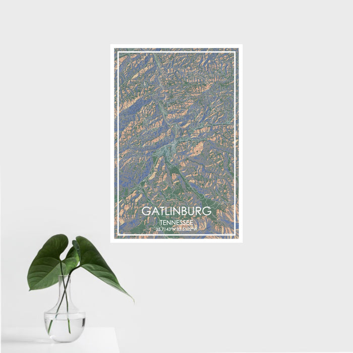 16x24 Gatlinburg Tennessee Map Print Portrait Orientation in Afternoon Style With Tropical Plant Leaves in Water