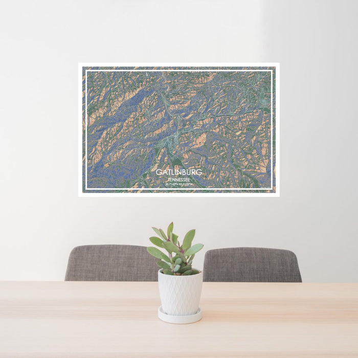 24x36 Gatlinburg Tennessee Map Print Lanscape Orientation in Afternoon Style Behind 2 Chairs Table and Potted Plant