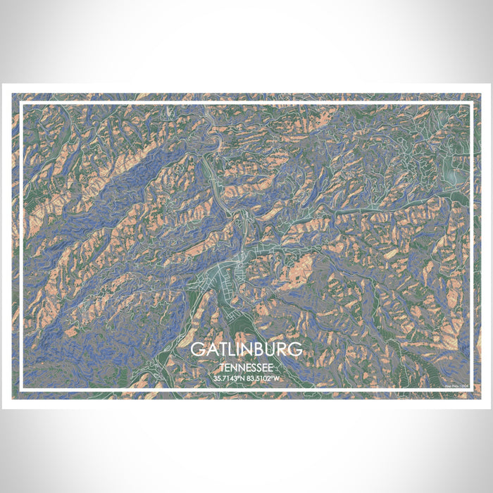 Gatlinburg Tennessee Map Print Landscape Orientation in Afternoon Style With Shaded Background