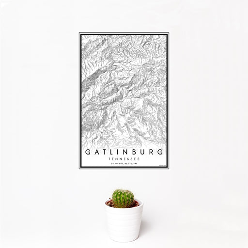 12x18 Gatlinburg Tennessee Map Print Portrait Orientation in Classic Style With Small Cactus Plant in White Planter