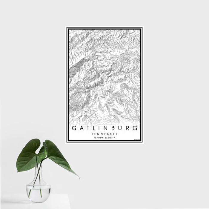 16x24 Gatlinburg Tennessee Map Print Portrait Orientation in Classic Style With Tropical Plant Leaves in Water