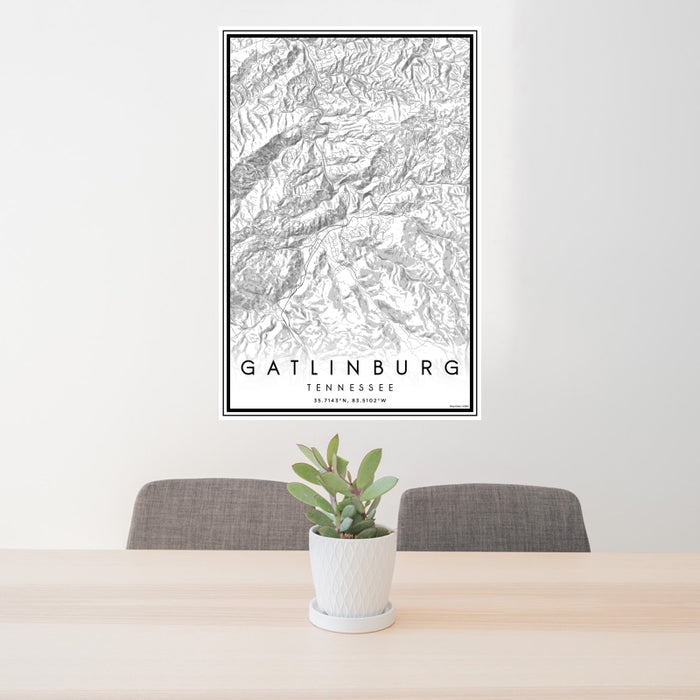 24x36 Gatlinburg Tennessee Map Print Portrait Orientation in Classic Style Behind 2 Chairs Table and Potted Plant
