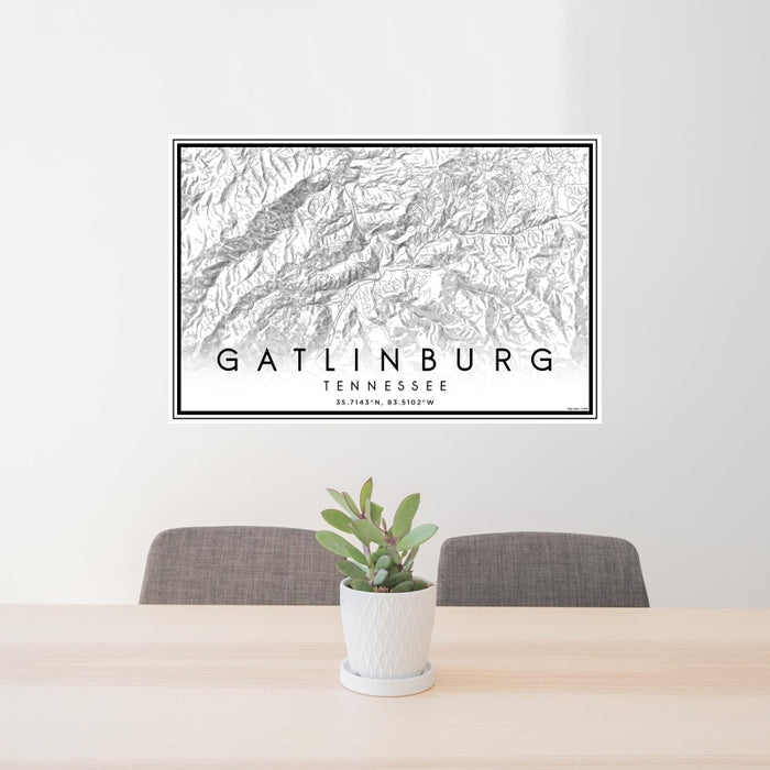 24x36 Gatlinburg Tennessee Map Print Landscape Orientation in Classic Style Behind 2 Chairs Table and Potted Plant