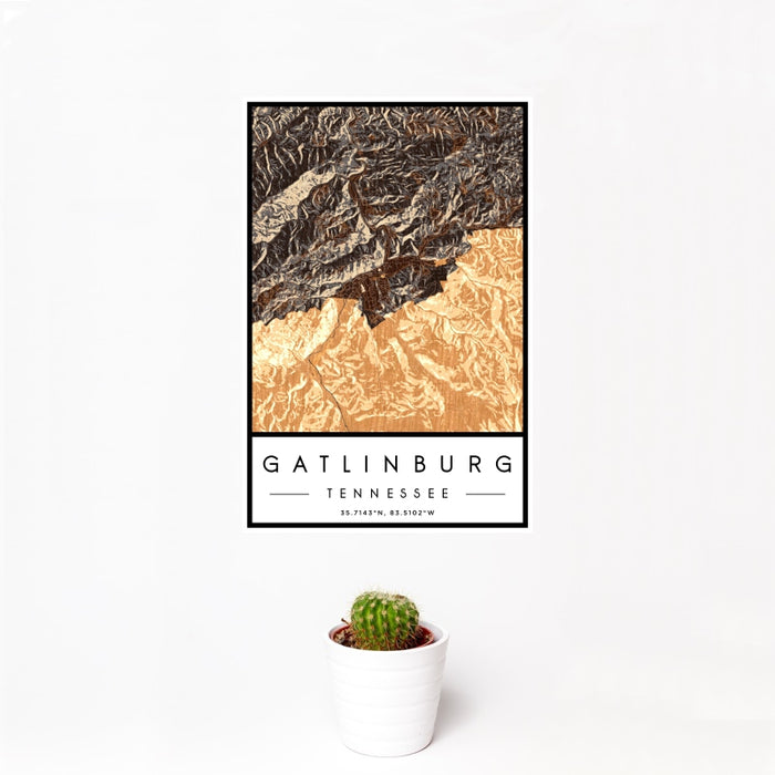 12x18 Gatlinburg Tennessee Map Print Portrait Orientation in Ember Style With Small Cactus Plant in White Planter