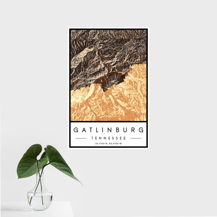 16x24 Gatlinburg Tennessee Map Print Portrait Orientation in Ember Style With Tropical Plant Leaves in Water