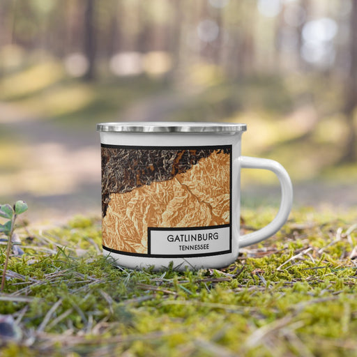 Right View Custom Gatlinburg Tennessee Map Enamel Mug in Ember on Grass With Trees in Background
