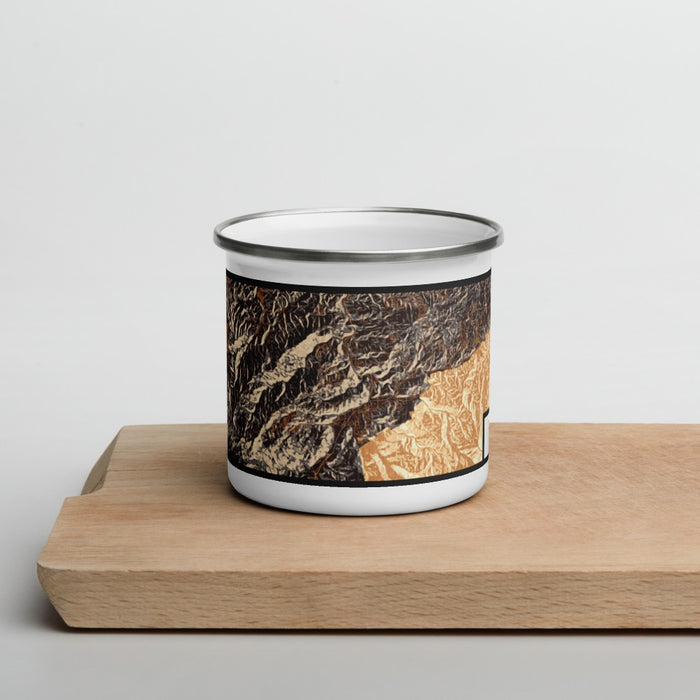 Front View Custom Gatlinburg Tennessee Map Enamel Mug in Ember on Cutting Board