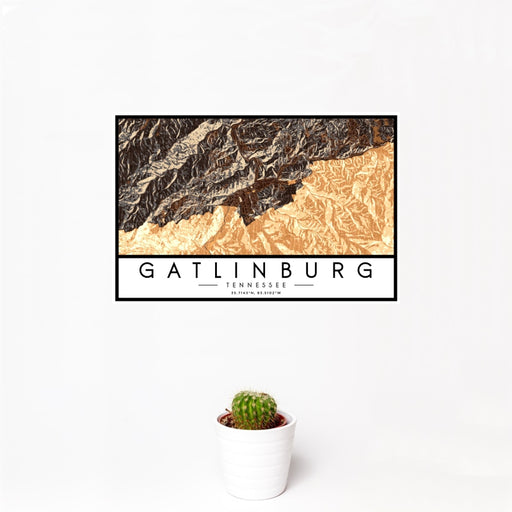 12x18 Gatlinburg Tennessee Map Print Landscape Orientation in Ember Style With Small Cactus Plant in White Planter