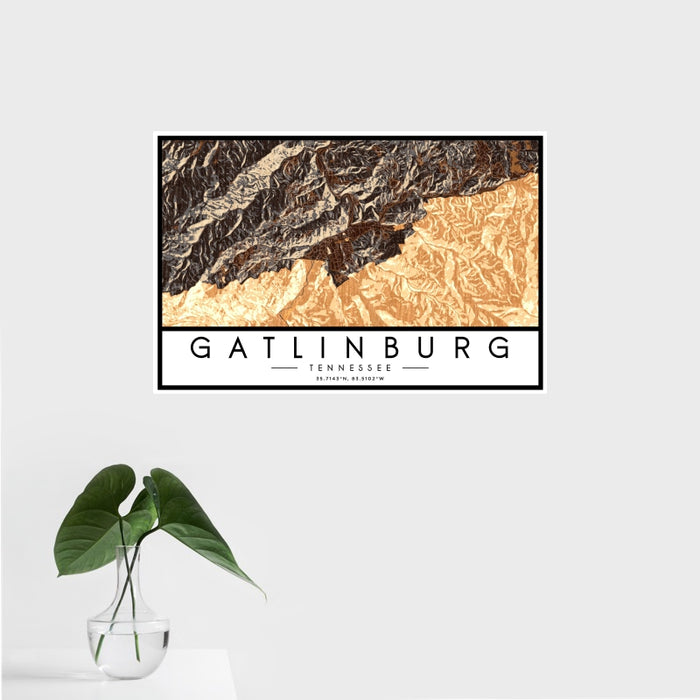 16x24 Gatlinburg Tennessee Map Print Landscape Orientation in Ember Style With Tropical Plant Leaves in Water