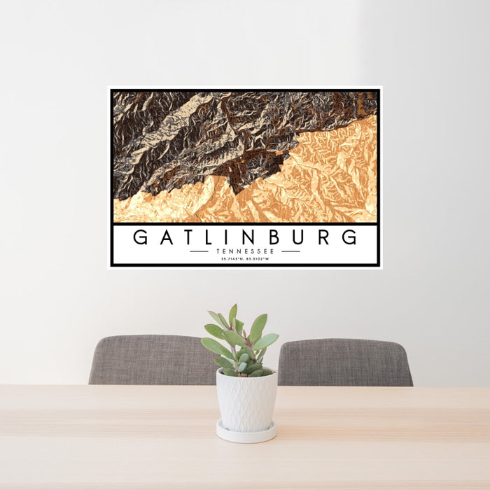 24x36 Gatlinburg Tennessee Map Print Landscape Orientation in Ember Style Behind 2 Chairs Table and Potted Plant