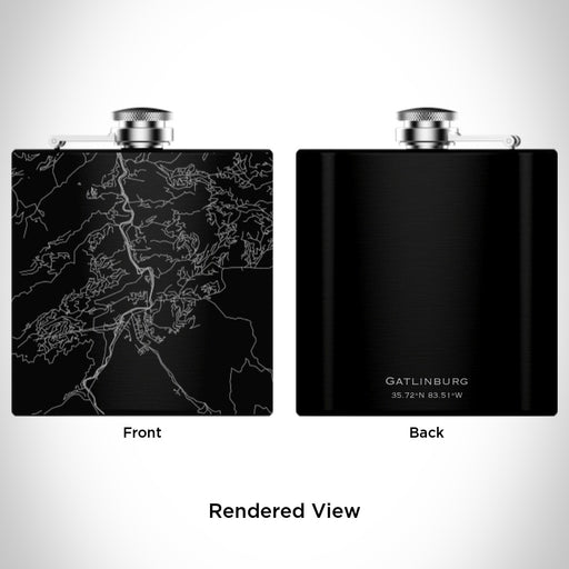 Rendered View of Gatlinburg Tennessee Map Engraving on 6oz Stainless Steel Flask in Black