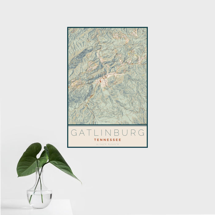16x24 Gatlinburg Tennessee Map Print Portrait Orientation in Woodblock Style With Tropical Plant Leaves in Water