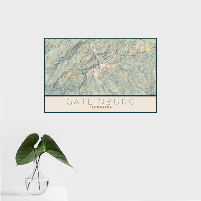 16x24 Gatlinburg Tennessee Map Print Landscape Orientation in Woodblock Style With Tropical Plant Leaves in Water