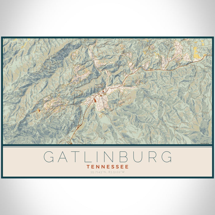 Gatlinburg Tennessee Map Print Landscape Orientation in Woodblock Style With Shaded Background