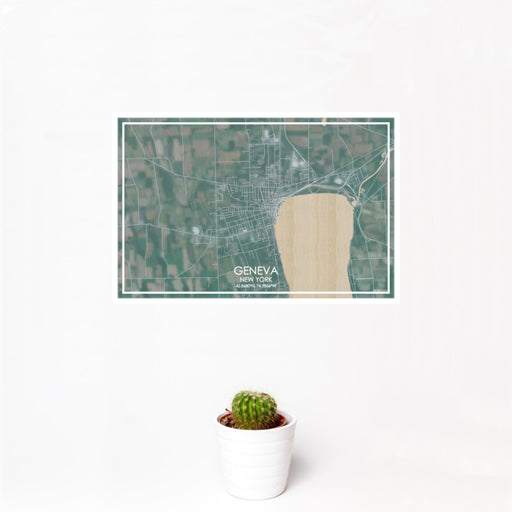 12x18 Geneva New York Map Print Landscape Orientation in Afternoon Style With Small Cactus Plant in White Planter