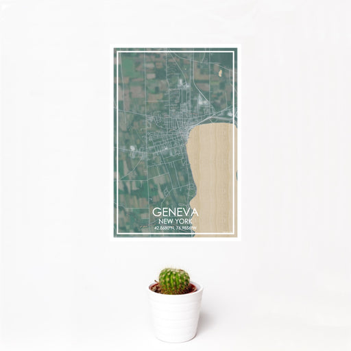 12x18 Geneva New York Map Print Portrait Orientation in Afternoon Style With Small Cactus Plant in White Planter