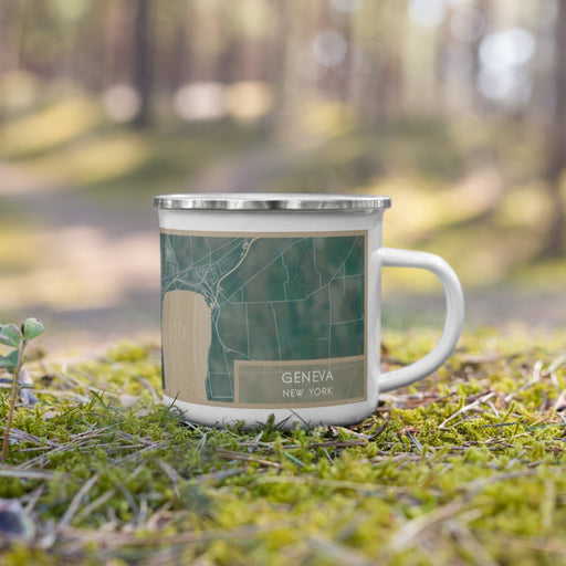 Right View Custom Geneva New York Map Enamel Mug in Afternoon on Grass With Trees in Background