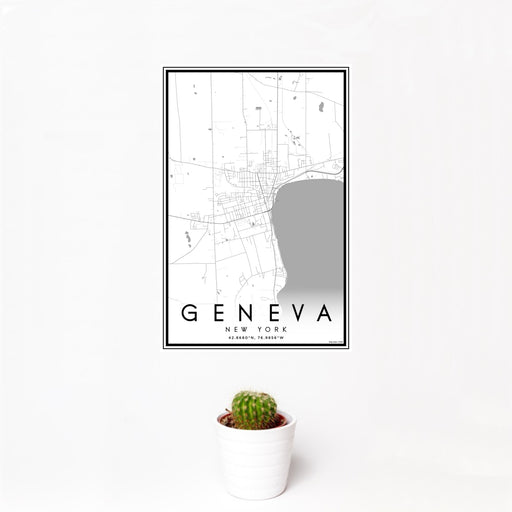 12x18 Geneva New York Map Print Portrait Orientation in Classic Style With Small Cactus Plant in White Planter