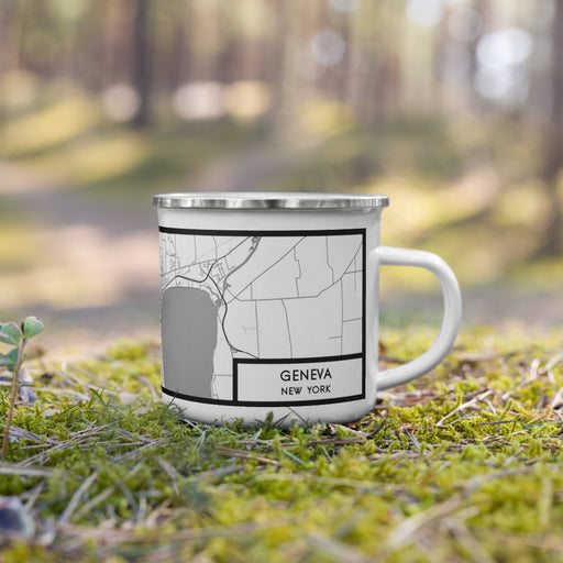Right View Custom Geneva New York Map Enamel Mug in Classic on Grass With Trees in Background