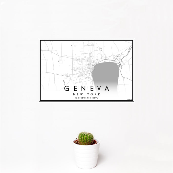 12x18 Geneva New York Map Print Landscape Orientation in Classic Style With Small Cactus Plant in White Planter