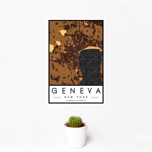 12x18 Geneva New York Map Print Portrait Orientation in Ember Style With Small Cactus Plant in White Planter