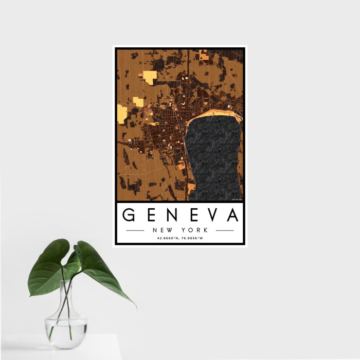 16x24 Geneva New York Map Print Portrait Orientation in Ember Style With Tropical Plant Leaves in Water
