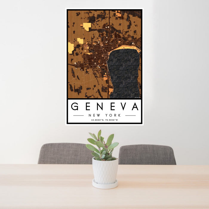 24x36 Geneva New York Map Print Portrait Orientation in Ember Style Behind 2 Chairs Table and Potted Plant