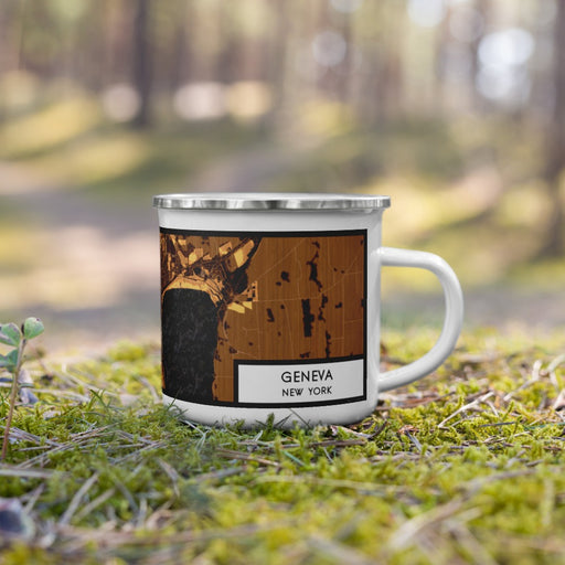 Right View Custom Geneva New York Map Enamel Mug in Ember on Grass With Trees in Background