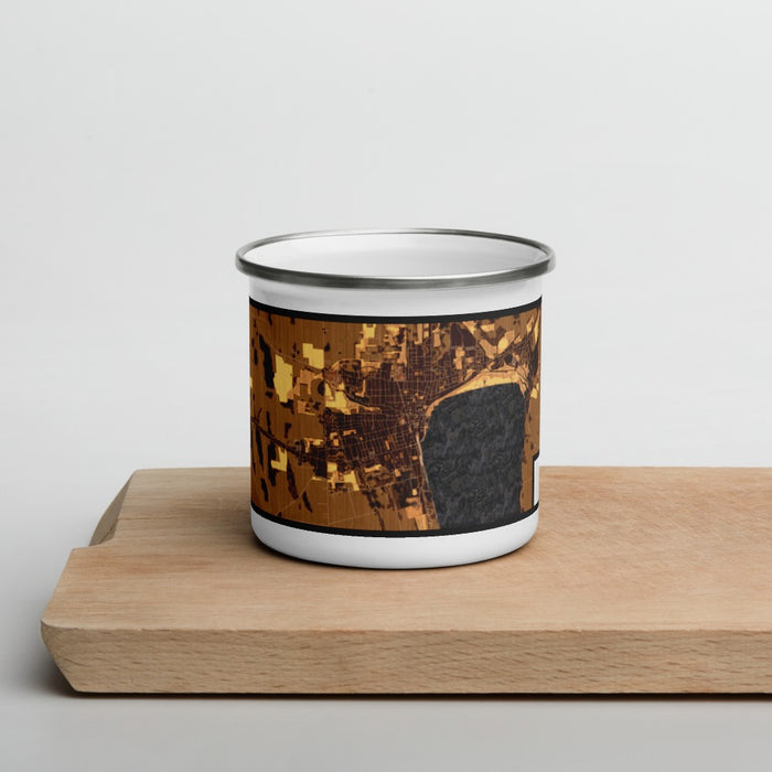Front View Custom Geneva New York Map Enamel Mug in Ember on Cutting Board