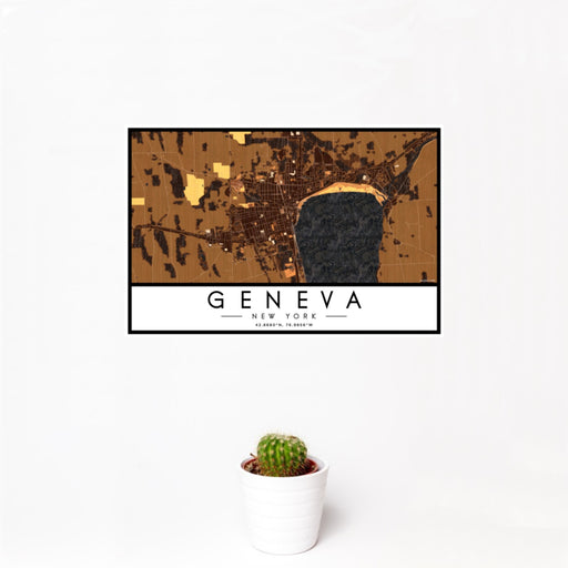 12x18 Geneva New York Map Print Landscape Orientation in Ember Style With Small Cactus Plant in White Planter