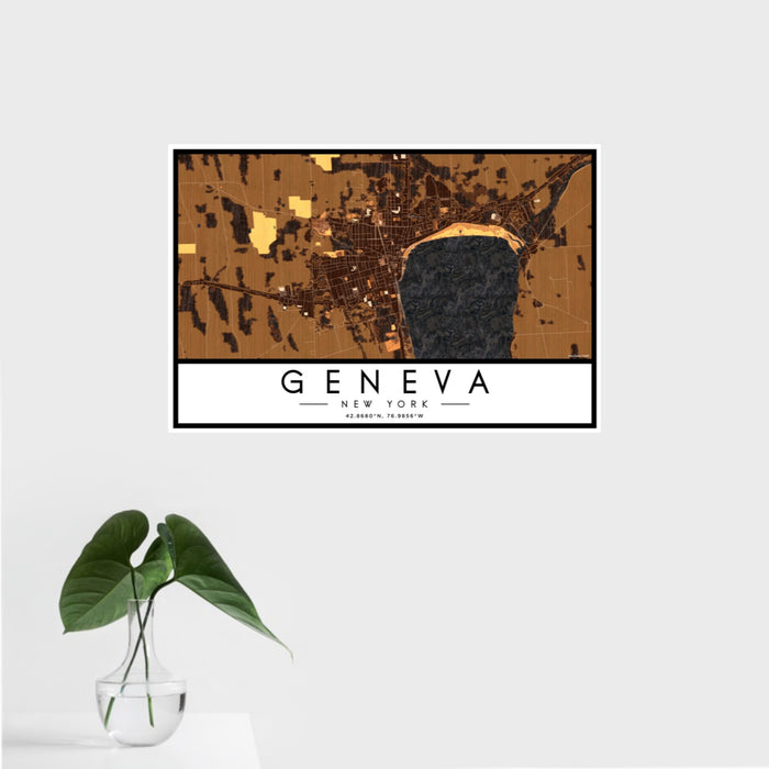 16x24 Geneva New York Map Print Landscape Orientation in Ember Style With Tropical Plant Leaves in Water