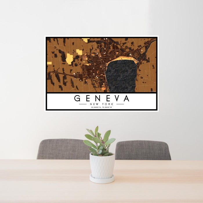 24x36 Geneva New York Map Print Landscape Orientation in Ember Style Behind 2 Chairs Table and Potted Plant