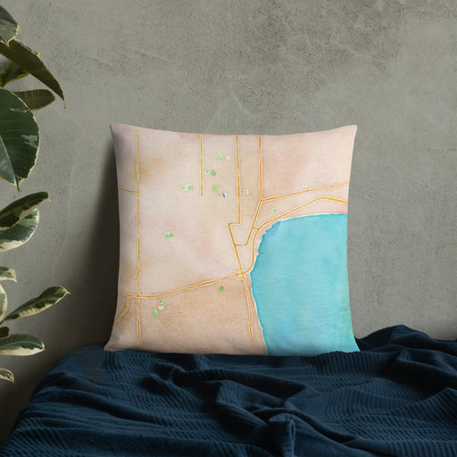 Custom Geneva New York Map Throw Pillow in Watercolor on Bedding Against Wall