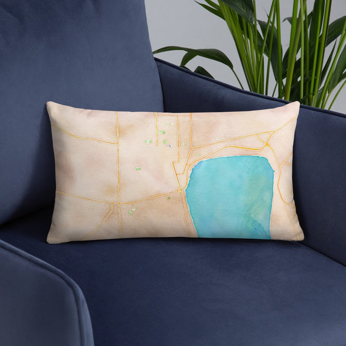 Custom Geneva New York Map Throw Pillow in Watercolor on Blue Colored Chair