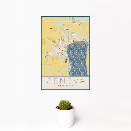 12x18 Geneva New York Map Print Portrait Orientation in Woodblock Style With Small Cactus Plant in White Planter