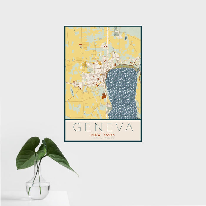 16x24 Geneva New York Map Print Portrait Orientation in Woodblock Style With Tropical Plant Leaves in Water