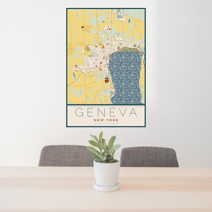24x36 Geneva New York Map Print Portrait Orientation in Woodblock Style Behind 2 Chairs Table and Potted Plant