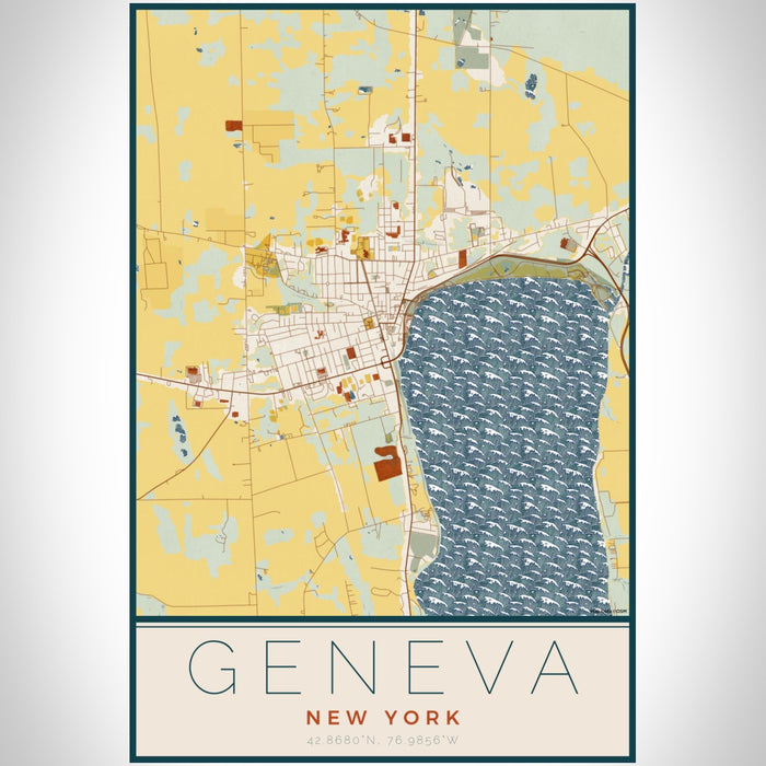 Geneva New York Map Print Portrait Orientation in Woodblock Style With Shaded Background