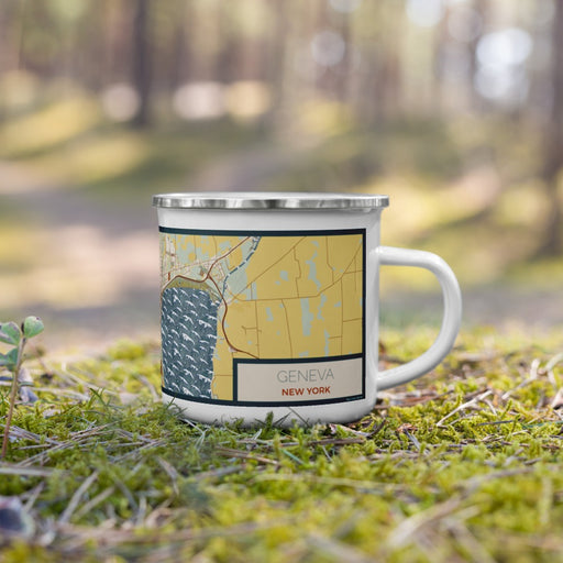 Right View Custom Geneva New York Map Enamel Mug in Woodblock on Grass With Trees in Background
