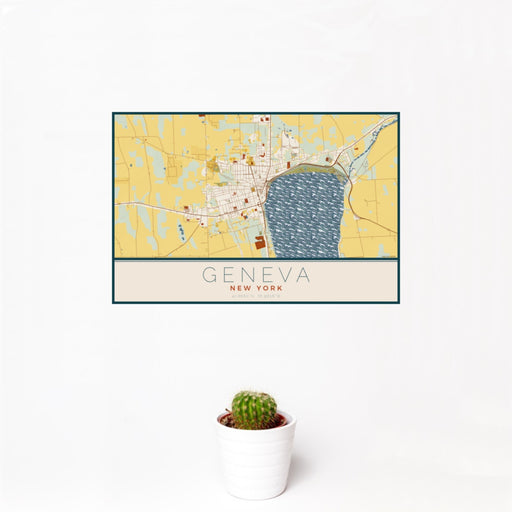 12x18 Geneva New York Map Print Landscape Orientation in Woodblock Style With Small Cactus Plant in White Planter